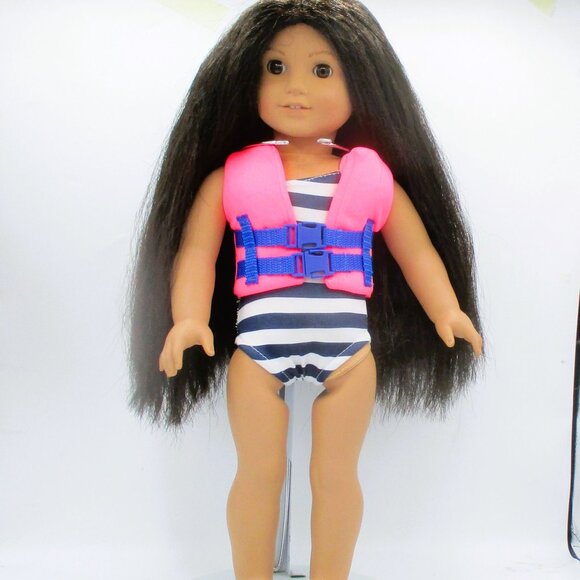 American Girl Doll With Long Black Hair Wearing Striped Swimsuit & Pink Life Ves - Picture 4 of 5